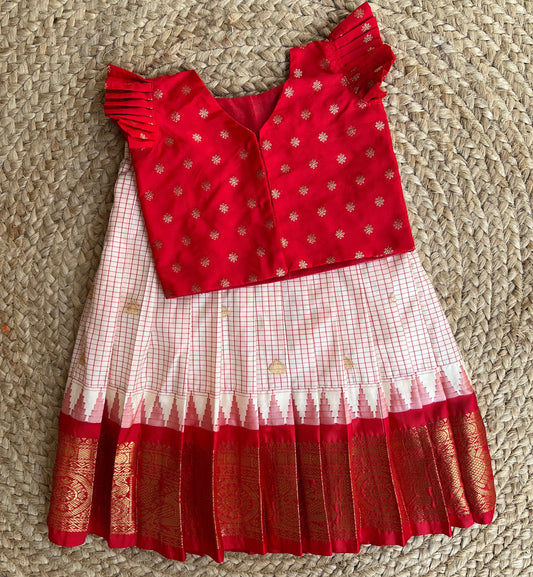 Ivory White & Crimson Red Gadwal Checks Lehenga Set