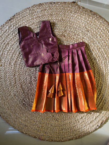 Traditional Wine & Orange Scallop Tissue Lehanga Set