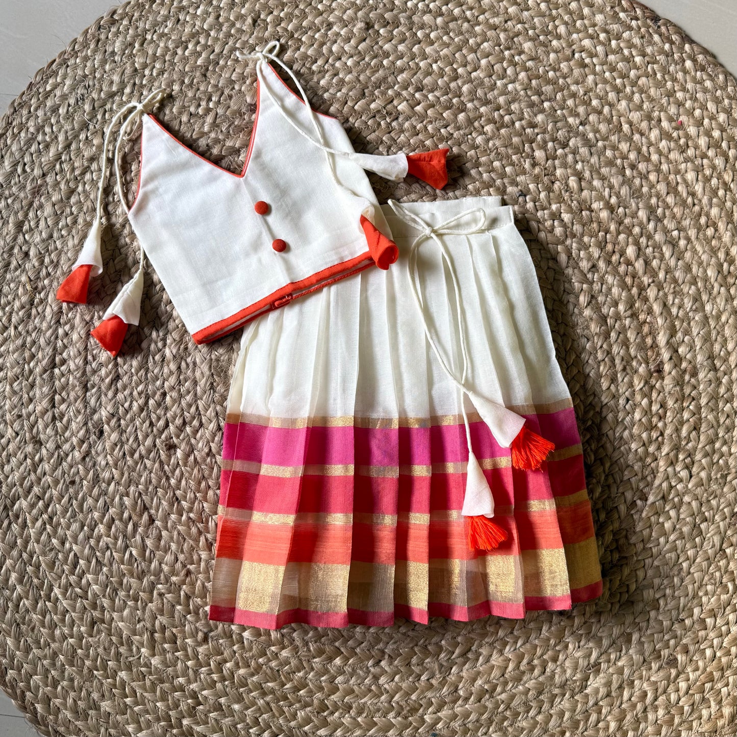 Ivory Mul Cotton & Kanchi Zari Lehenga Set
