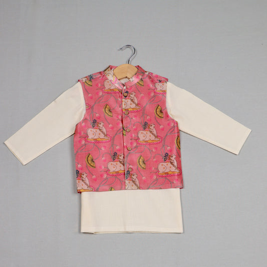 Pink Pichwai Jacket Set with Cream Kurta