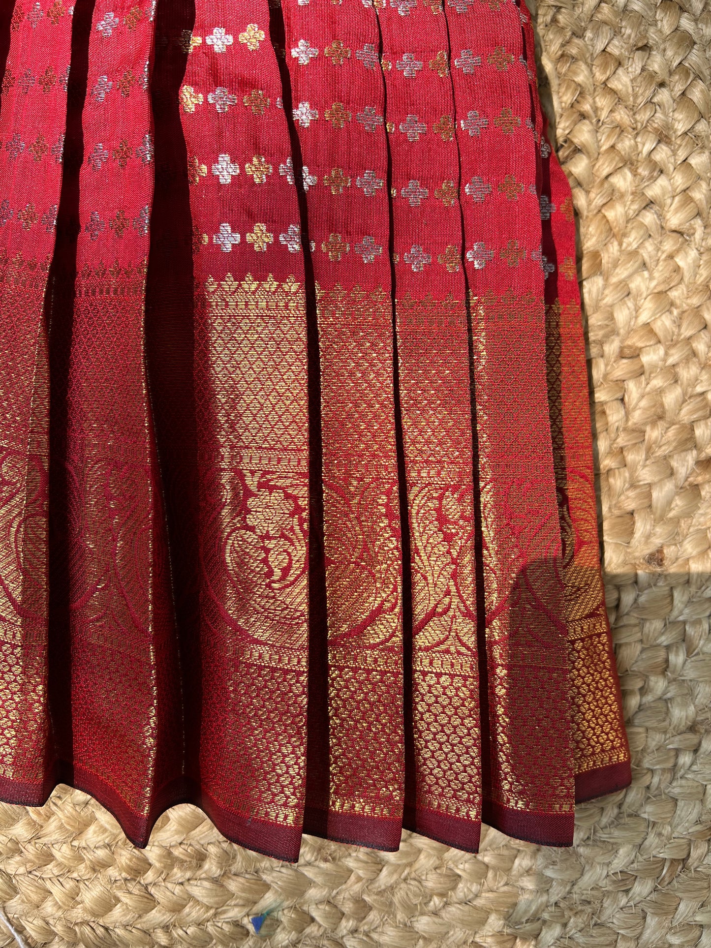 Maroon Benarasi Silk Scallop Shoulder Pleated Frock