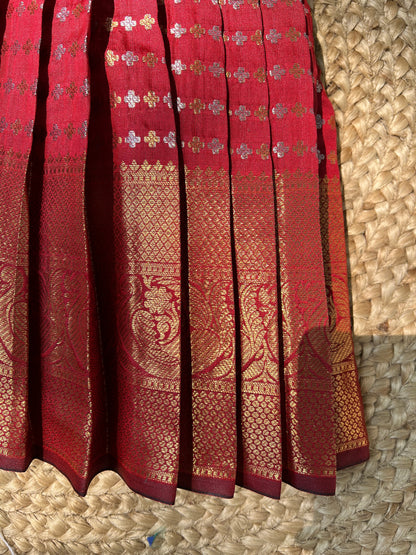 Maroon Benarasi Silk Scallop Shoulder Pleated Frock