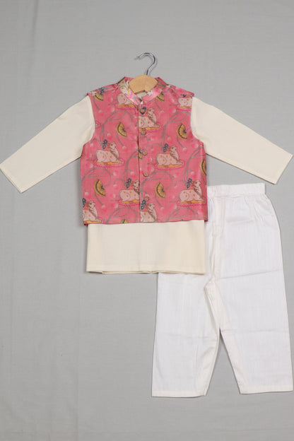 Pink Pichwai Jacket Set with Cream Kurta