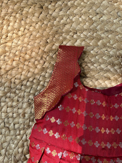 Maroon Benarasi Silk Scallop Shoulder Pleated Frock