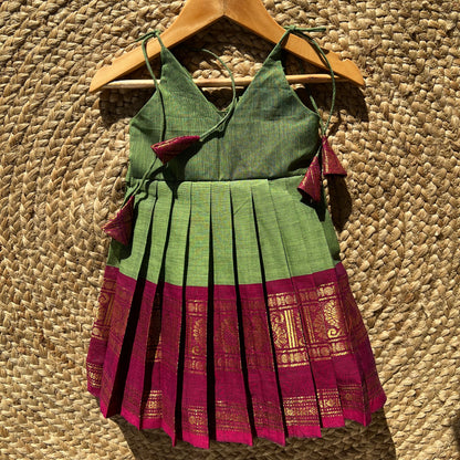Green & Rani Pink Kanchi Cotton tie-up Frock