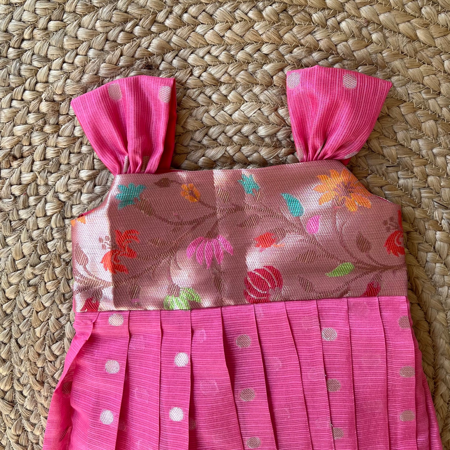 Blush Pink Kota Frock with Multicolour Flower Yoke .