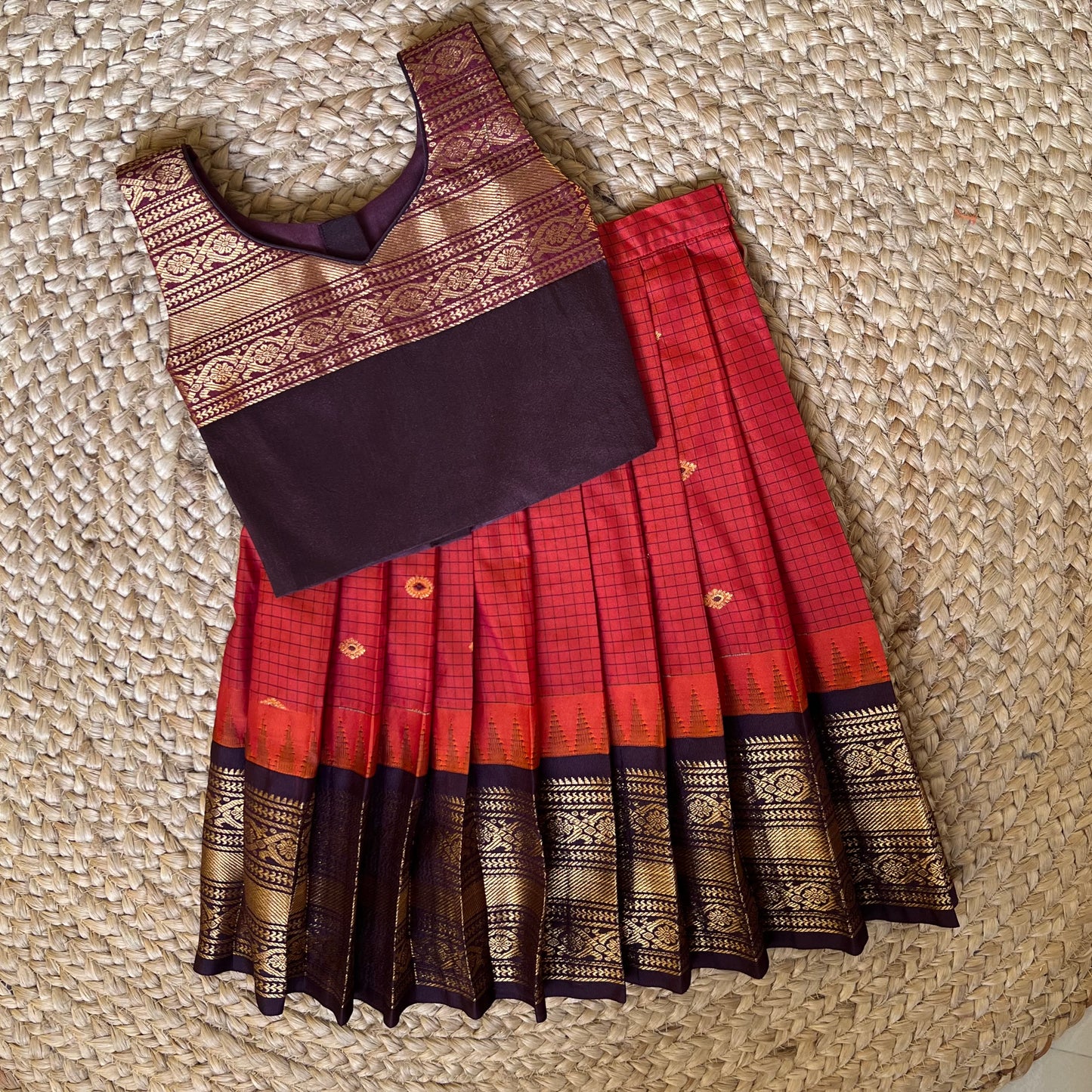 Brick Red and Brown Gadwal Silk Lehanga Set