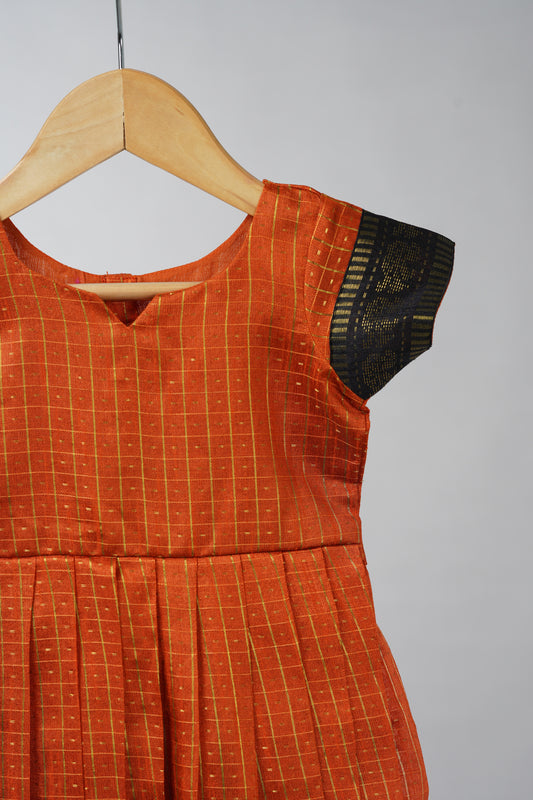 Burnt Checks Orange Raw Silk Frock