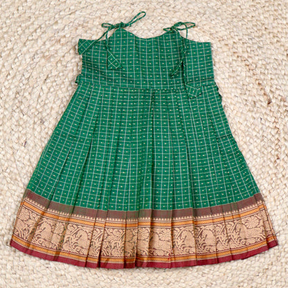 Bottle Green Checked Ethnic Frock with Zari Border