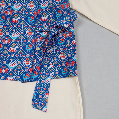 Cream Kurta With Blue Patola Tie-Up Jacket