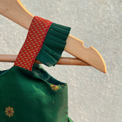 Green Flower Print Paithani Pleated Frock