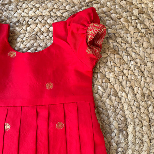 Red Benarasi Puff Sleeves Ethnic Frock