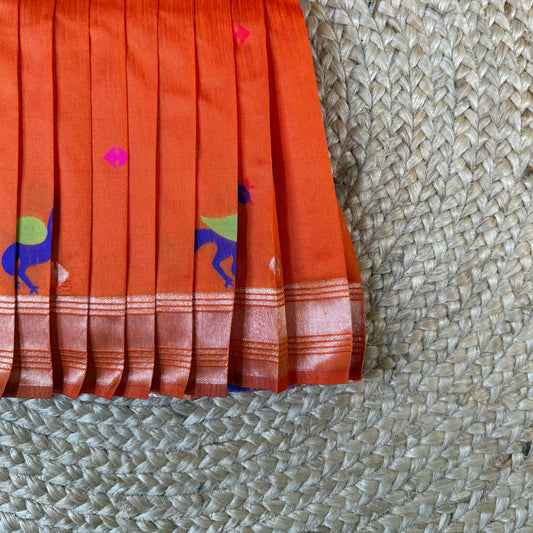 Orange Khadi Raw Silk Girls Frock with Meenakari Peacock Zari