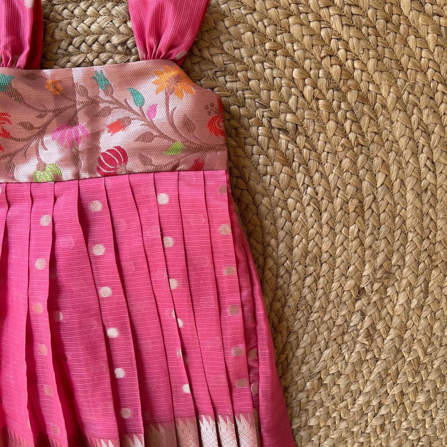 Blush Pink Kota Frock with Multicolour Flower Yoke .