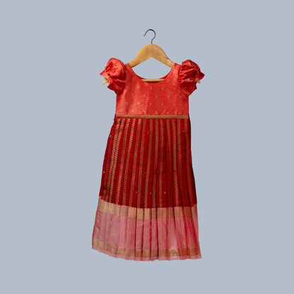 Red Benarasi Silk Ankle-Length Festive Dress with Puff Sleeves