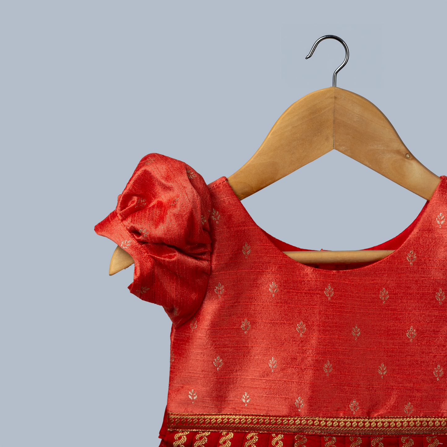 Red Benarasi Silk Ankle-Length Festive Dress with Puff Sleeves