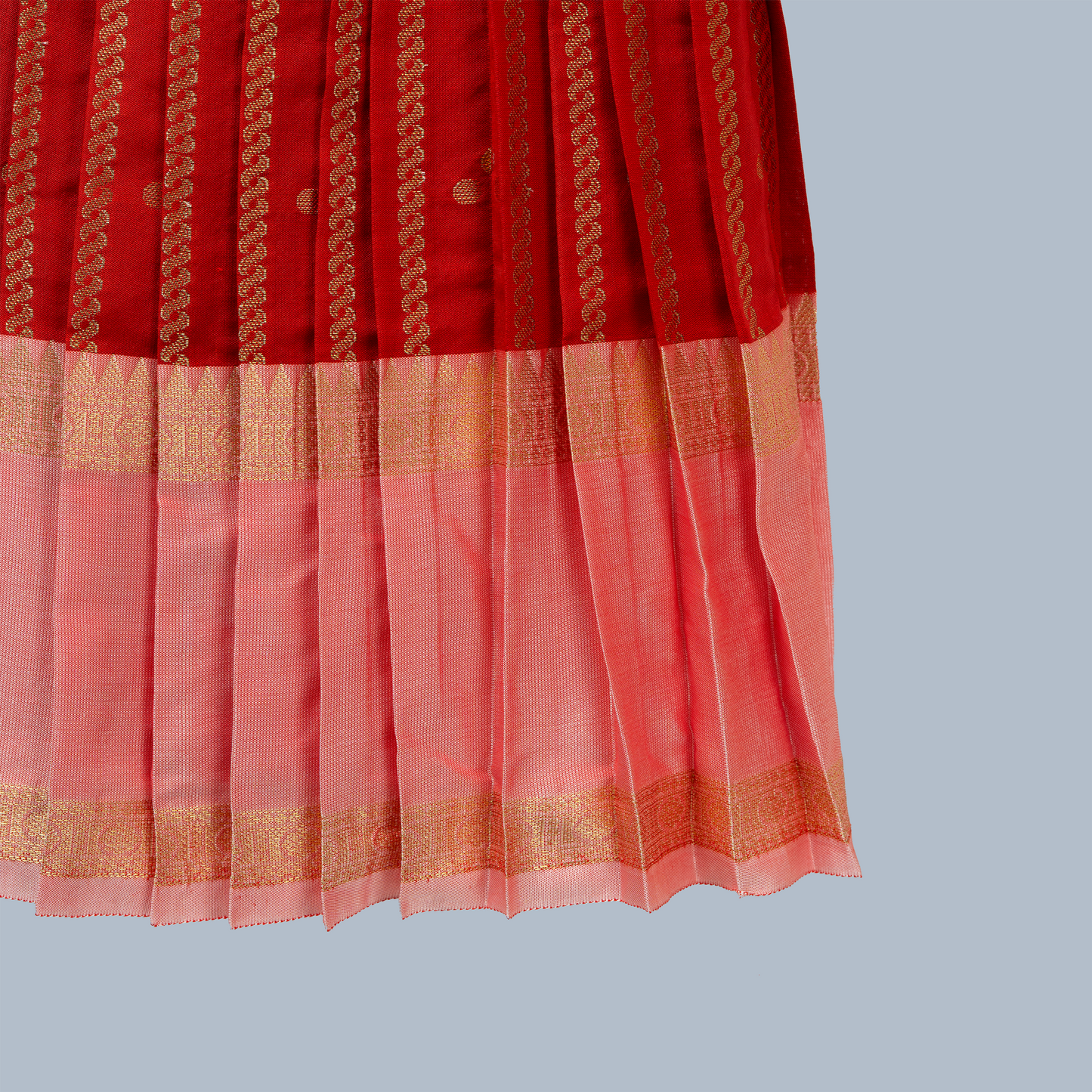 Red Benarasi Silk Ankle-Length Festive Dress with Puff Sleeves