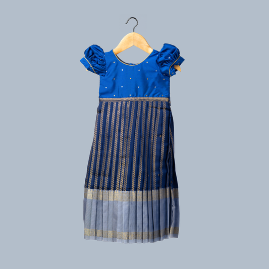 Royal Blue Benarasi Silk Ankle-Length Festive Dress with Puff Sleeves