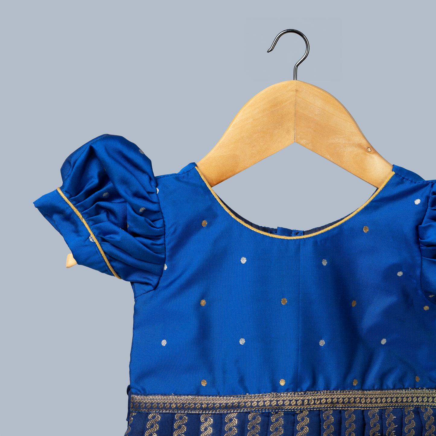 Royal Blue Benarasi Silk Ankle-Length Festive Dress with Puff Sleeves