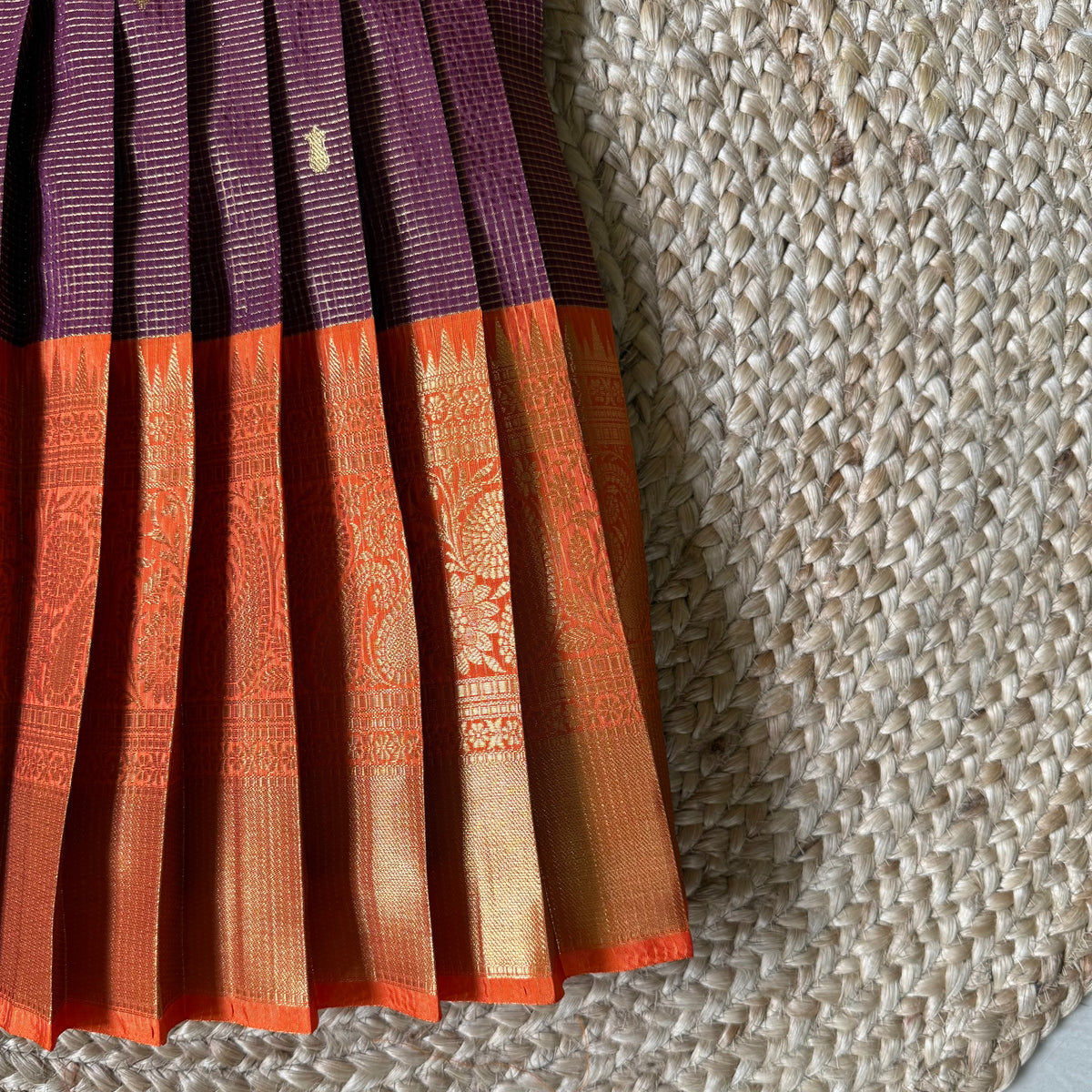 Traditional Maroon & Orange Scallop Tissue Lehanga Set