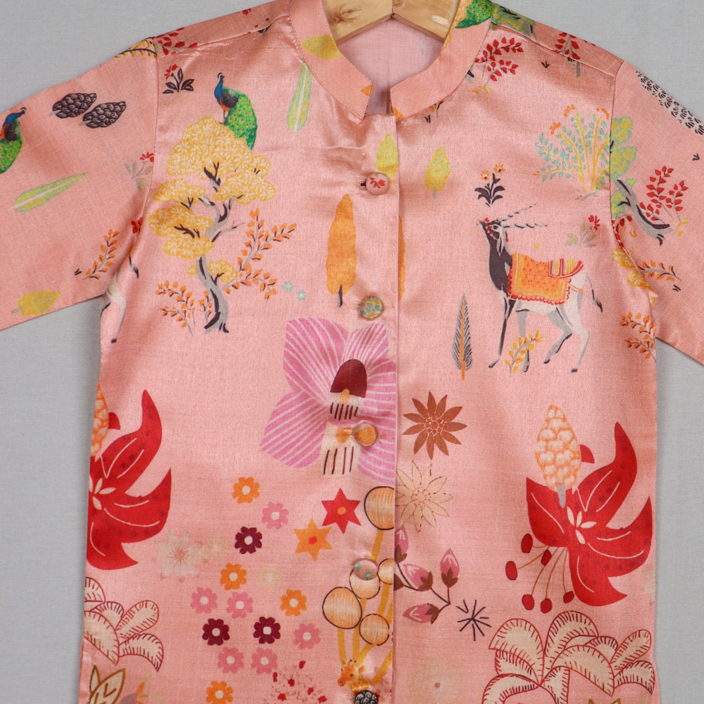 Peach Printed Tussar Silk Kurta Set