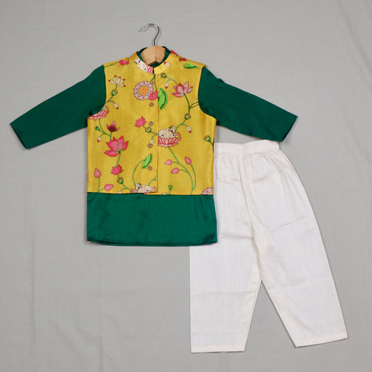 Yellow Pichwai Jacket Set with Green Kurta