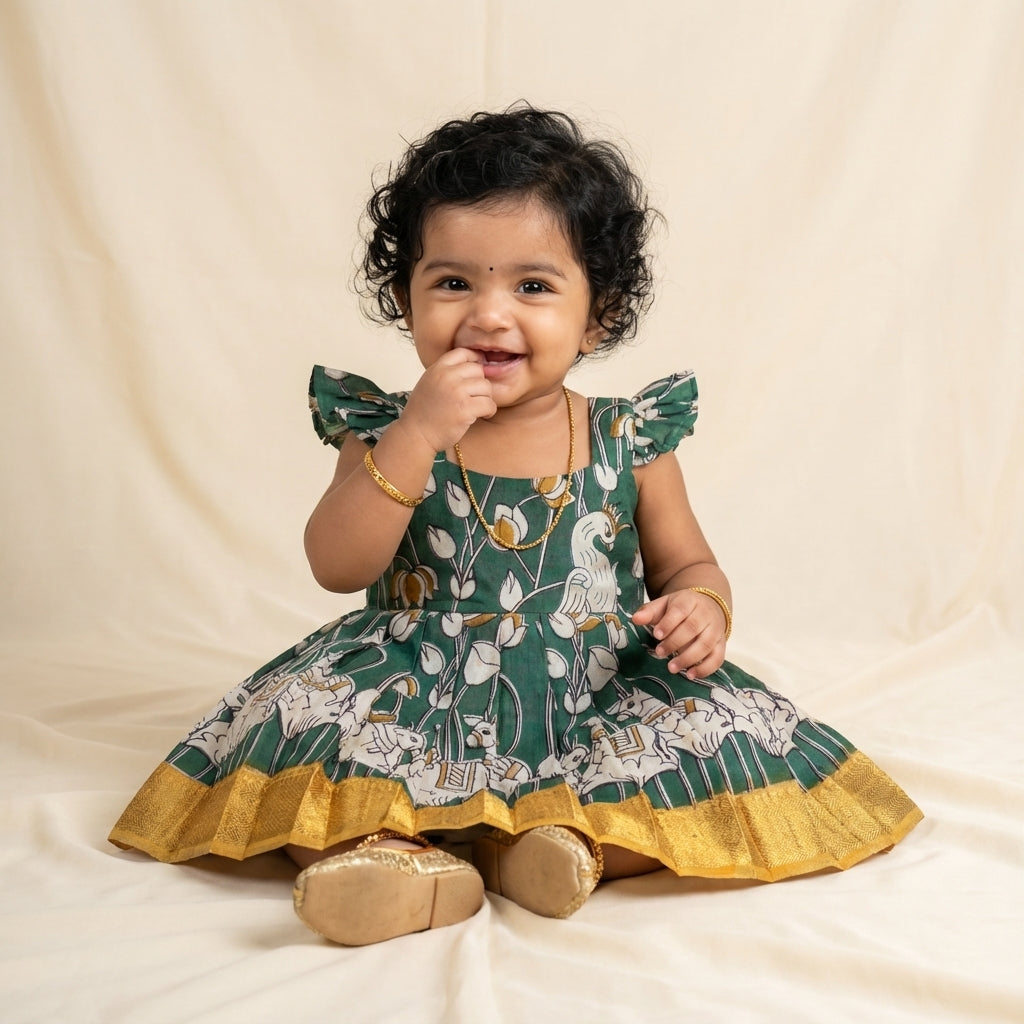 Green and Mustard Color Kalamkari print Frock – Tassel Tales