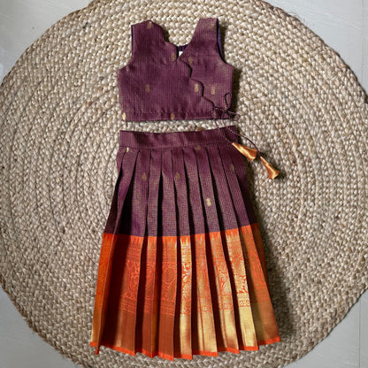 Traditional Maroon & Orange Scallop Tissue Lehanga Set