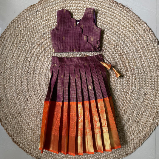 Traditional Maroon & Orange Scallop Tissue Lehanga Set