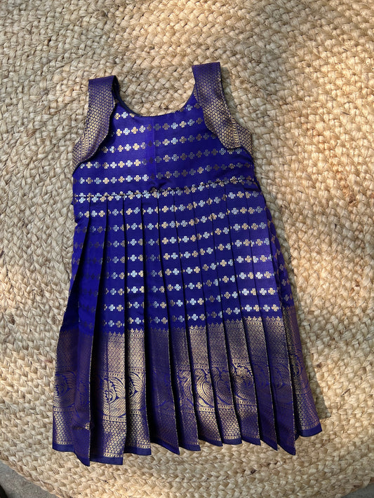 Royal Blue Benarasi Silk Scallop Shoulder Pleated Frock