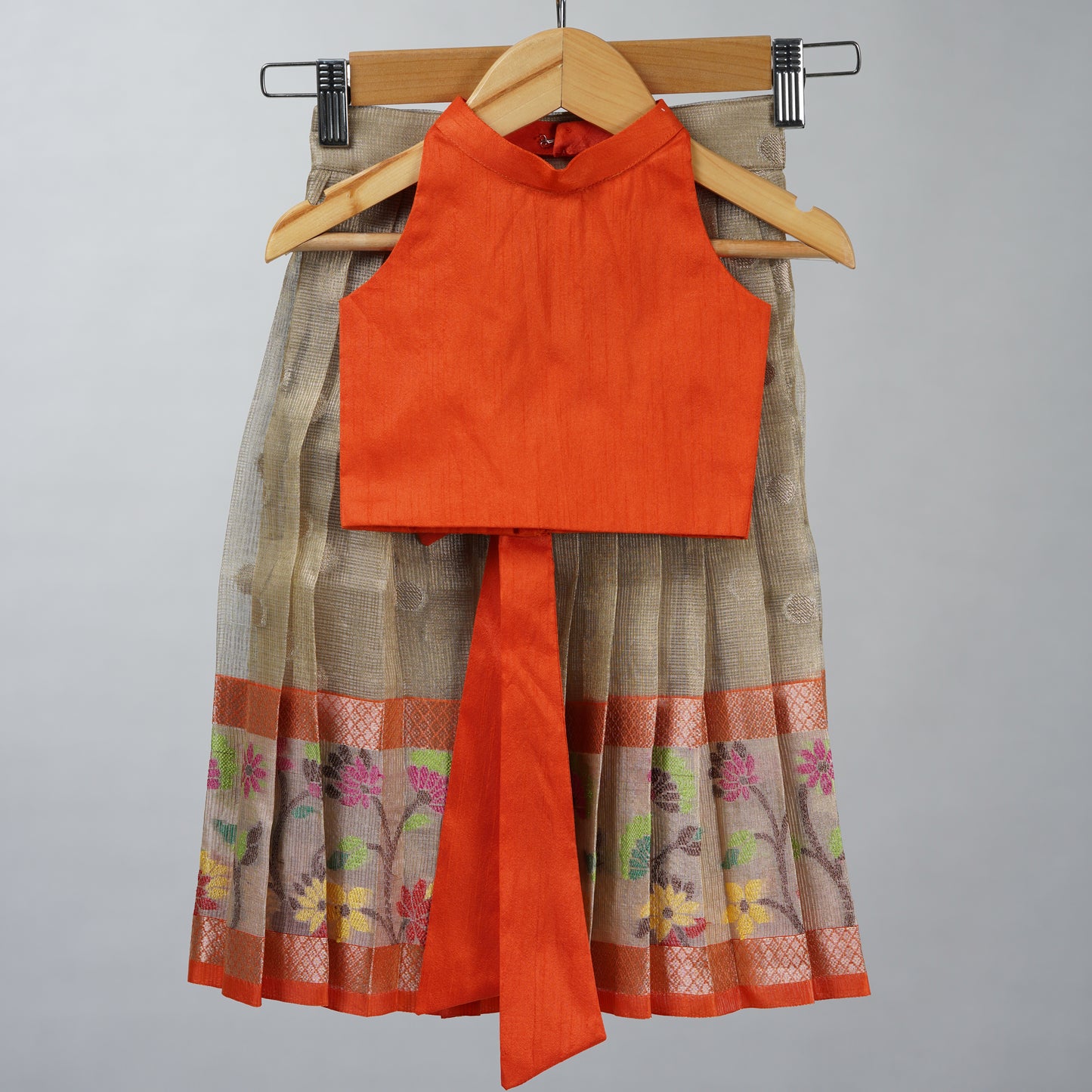 Grey and Festive Orange Zari Kota Festive Lehenga with halter neck blouse
