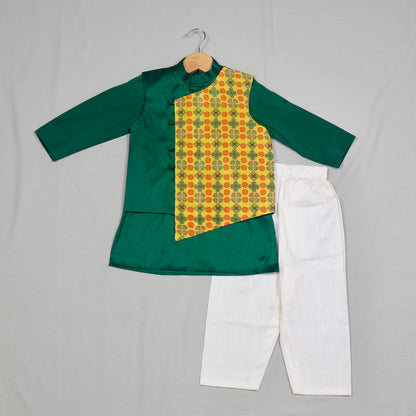 Green Kurta With Asymmetrical Patola Jacket