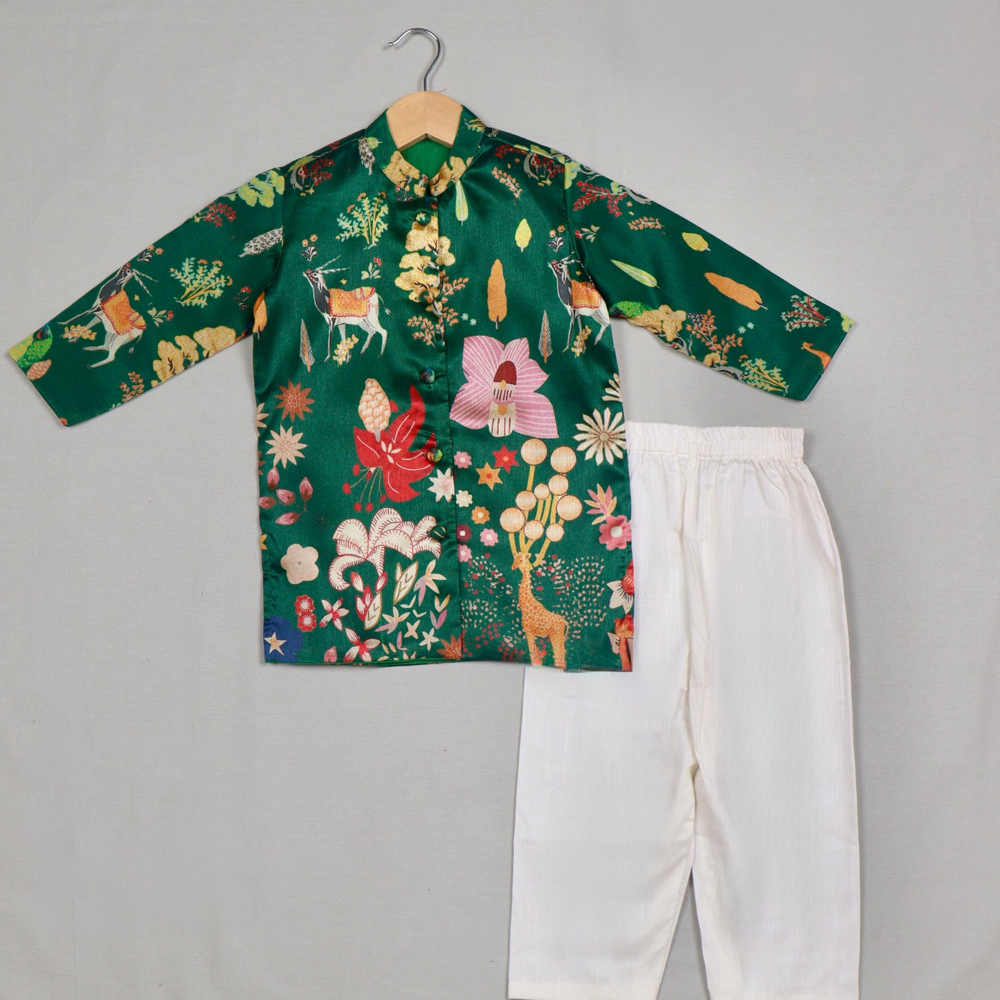 Bottle Green Printed Tussar Silk Kurta Set