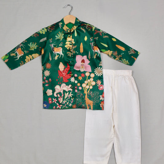 Bottle Green Printed Tussar Silk Kurta Set