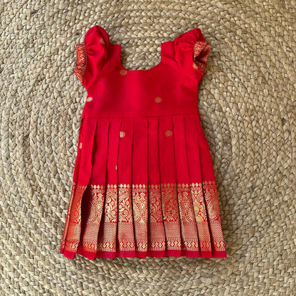 Red Benarasi Puff Sleeves Ethnic Frock