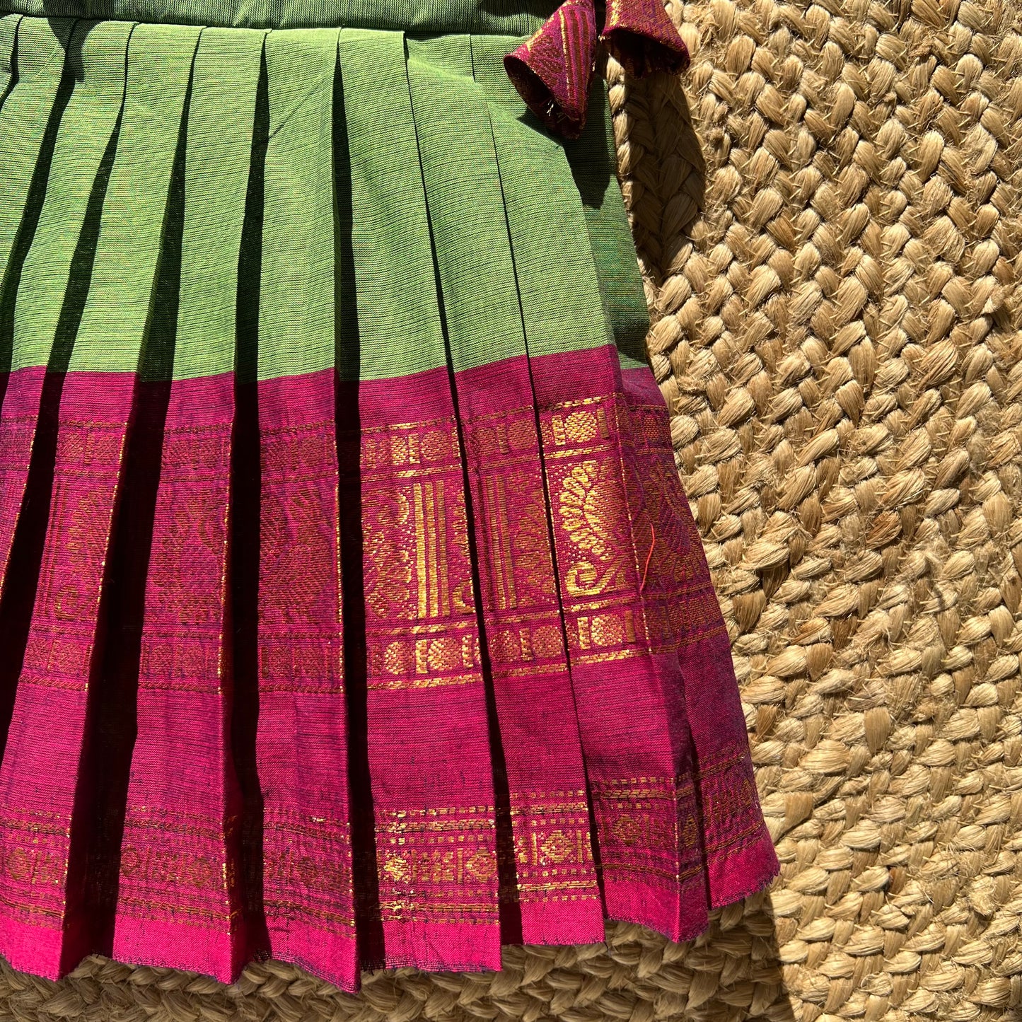 Green & Rani Pink Kanchi Cotton tie-up Frock