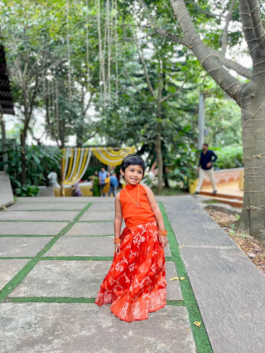 Orange Banarasi Halter Neck Lehenga Set