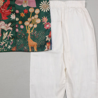 Bottle Green Printed Tussar Silk Kurta Set