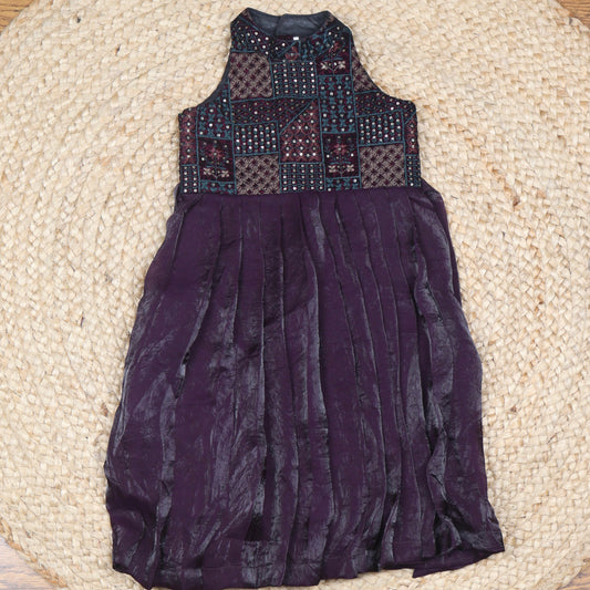 Deep Plum Silk Ethnic Frock with Embroidered Patchwork Yoke