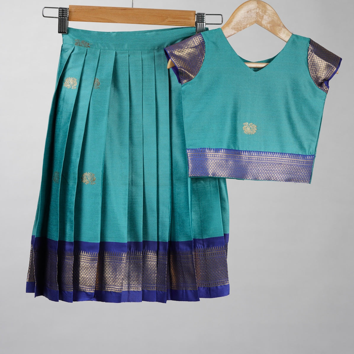 Teal blue Festive Peacock Motif silk Lehenga