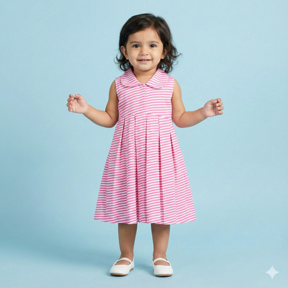 Pink & White Striped Cotton Frock with Peter Pan Collar