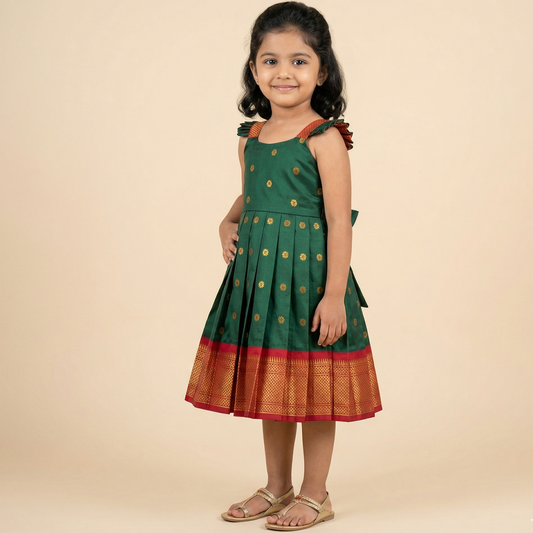 Green Flower Print Paithani Pleated Frock