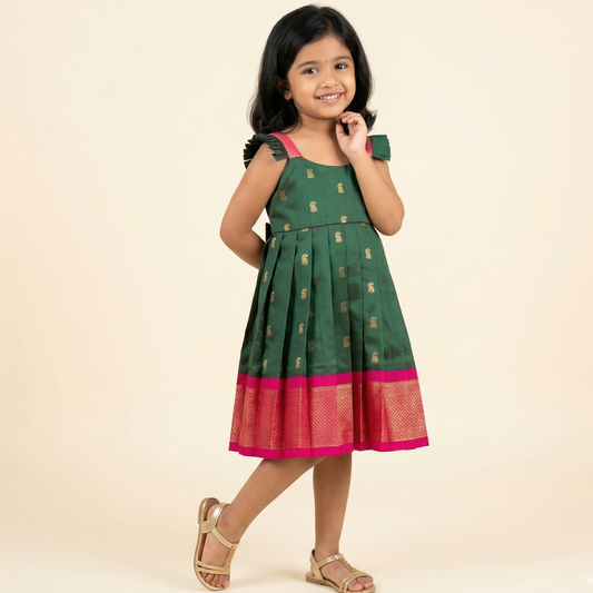 Green Paithani Pleated Frock