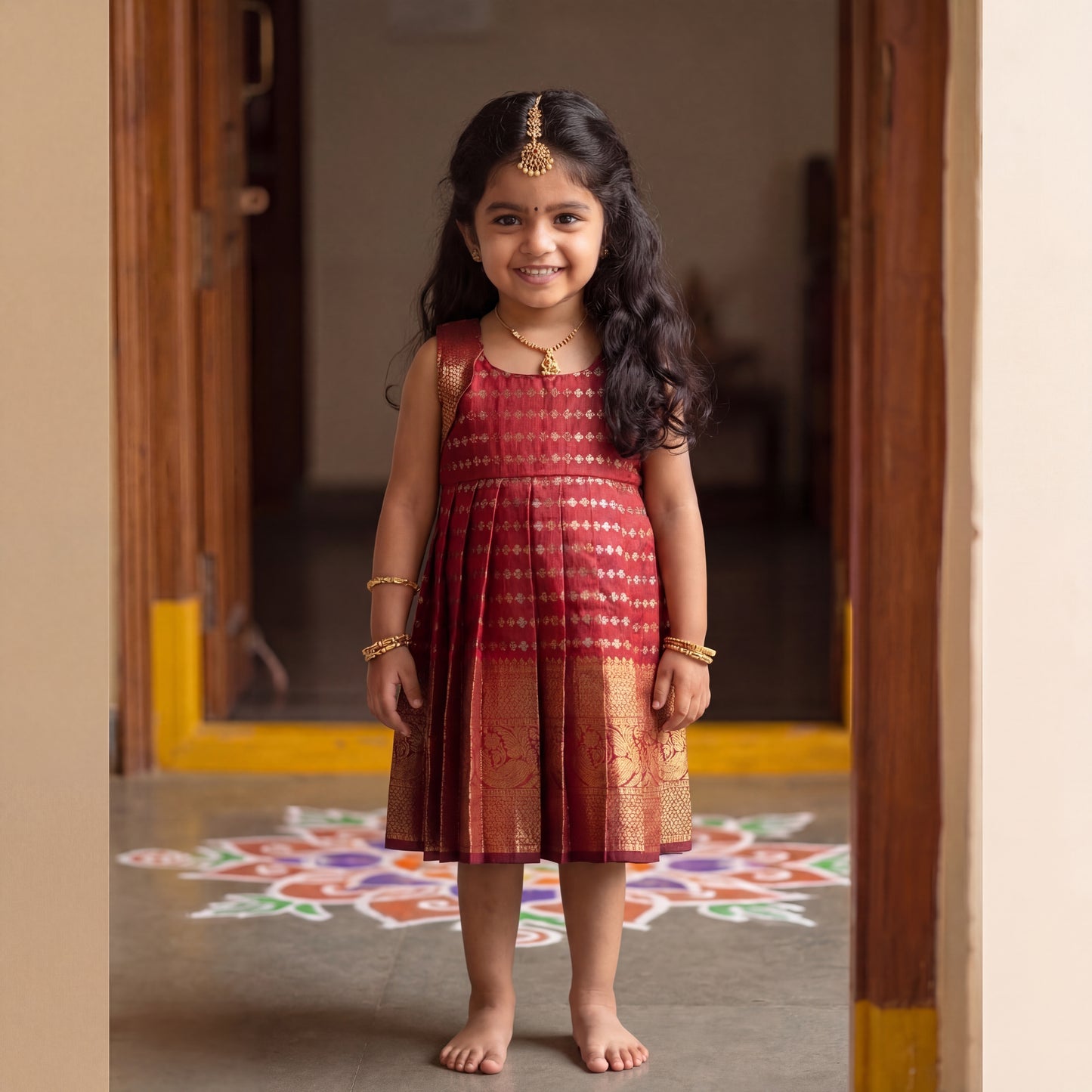 Maroon Benarasi Silk Scallop Shoulder Pleated Frock