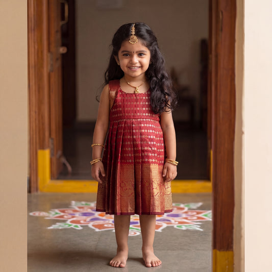 Maroon Benarasi Silk Scallop Shoulder Pleated Frock
