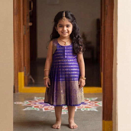 Royal Blue Benarasi Silk Scallop Shoulder Pleated Frock