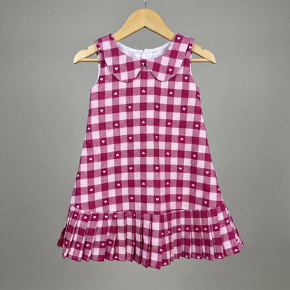 Pink & White Twill Checks Peter Pan Collar Frock