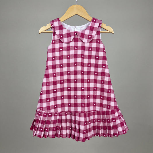 Pink & White Twill Checks Peter Pan Collar Frock