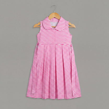 Pink & White Striped Cotton Frock with Peter Pan Collar