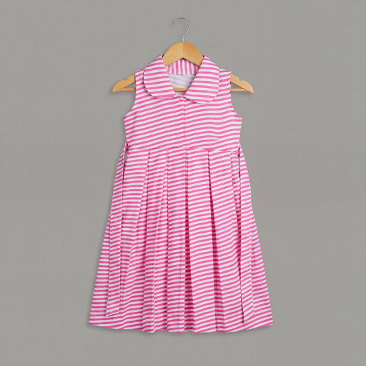 Pink & White Striped Cotton Frock with Peter Pan Collar